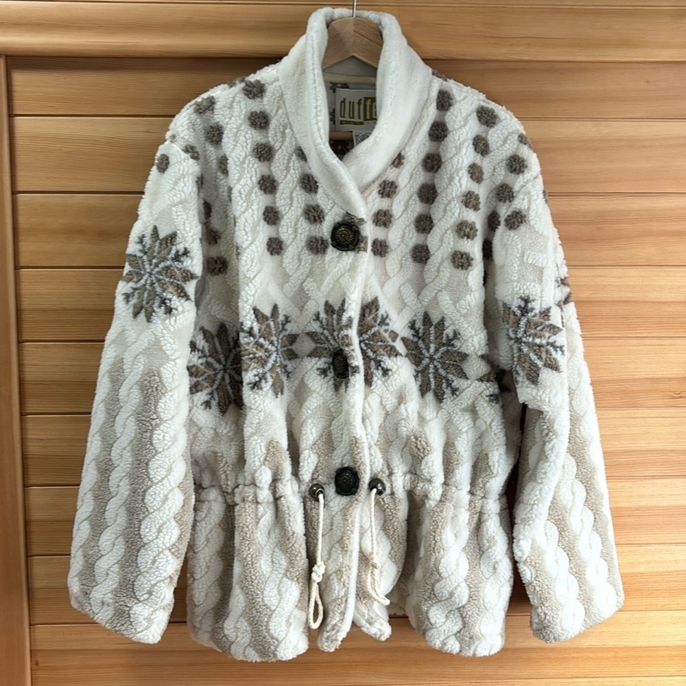 Vintage 90s Snowflake Sherpa Teddy Bear Winter Plush Jacket Sweater 80s Ski